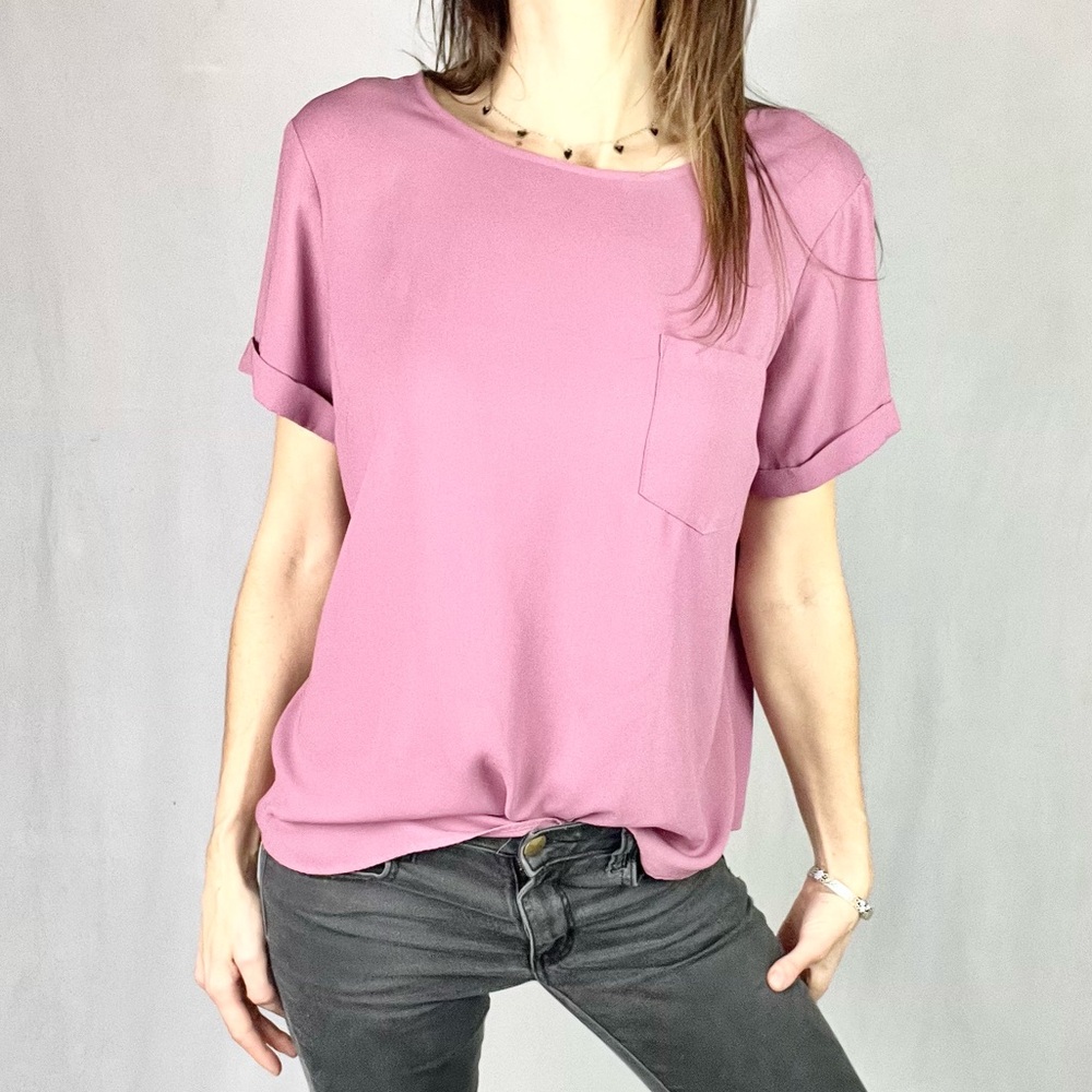 LAUREN CONRAD | 💜 Lilac Short-Sleeved Fancy Loose Fit Boxy Blouse Top